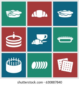 Pastry icons set. set of 9 pastry filled icons such as cookies, cake, coffee and croissant, croissant, pie