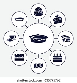 Pastry icons set. set of 9 pastry filled icons such as coffee and croissant, pie, cake slice, cake, cookie