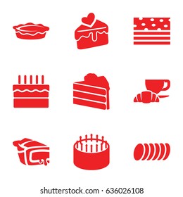 Pastry icons set. set of 9 pastry filled icons such as cake, coffee and croissant, pie, cake slice, cookie