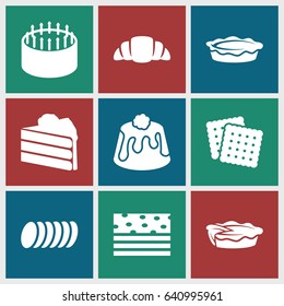 Pastry icons set. set of 9 pastry filled icons such as cookies, cake, croissant, pie, cookie