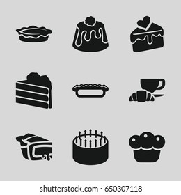 Pastry icons set. set of 9 pastry filled icons such as cake, coffee and croissant, pie