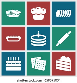 Pastry icons set. set of 9 pastry filled icons such as cookies, pie, cake, cookie