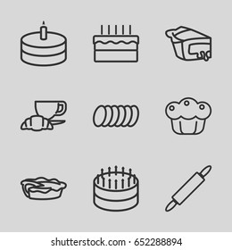 Pastry icons set. set of 9 pastry outline icons such as coffee and croissant, pie, cake, cookie