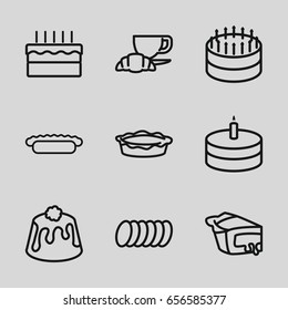 Pastry icons set. set of 9 pastry outline icons such as coffee and croissant, pie, cake