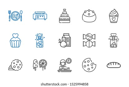 pastry icons set. Collection of pastry with bread, cookie, breakfast, sweets, cookies, sweet, cupcake, cake, wedding cake, crepe maker. Editable and scalable pastry icons.