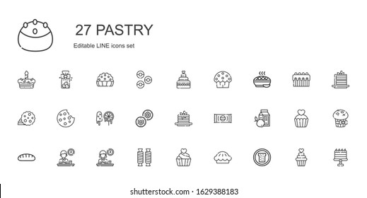 pastry icons set. Collection of pastry with bread, pie, cupcake, sweet, breakfast, pancakes, biscuit, sweets, cookie, cup cake, wedding cake. Editable and scalable pastry icons.
