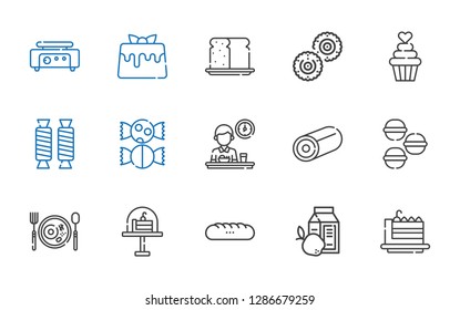 pastry icons set. Collection of pastry with cake slice, breakfast, baguettes, cake, macarons, sweet, cupcake, biscuit, bread, caramel, crepe maker. Editable and scalable pastry icons.