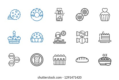 pastry icons set. Collection of pastry with pie, bread, cake, macarons, cake slice, sweet, breakfast, cupcake, biscuit, cookies, donut, cookie. Editable and scalable pastry icons.