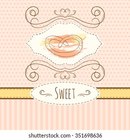Pastry illustration. Vector hand drawn card with watercolor splashes. Sweet polka dots and stripes design. Invitation card template. 