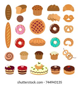 Pastry illustrations set. Bread and pie, muffins and cupcakes, cakes and buns.