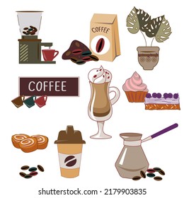 Pastry Items And Coffee Drinks Icons Set, Flat Cartoon Hand Drawn Vector Illustration Isolated On White Background. Coffee Shop Menu Items And Bakery Products Elements.