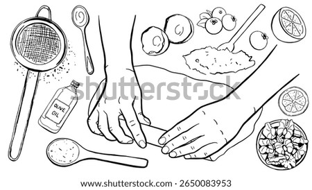 Pastry line set. Chef hands rolling dough into roll. Ingredients for baking. Black food vector illustration.