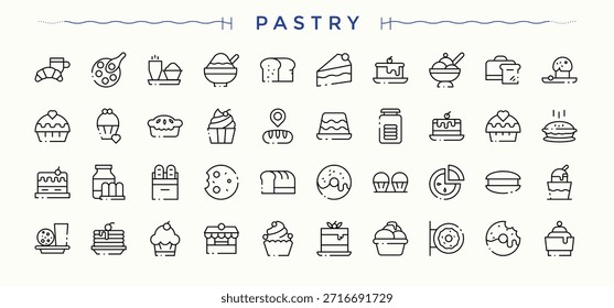 Colección de icono lineal de pastelería. Conjunto de cookies de pictograma de línea. Iconos de interfaz de usuario de Vector moderno. Conjunto de iconos dulces. Arte vectorial e ilustración editables.
