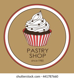 Pastry logo hand drawn vector. Doodle background with colorful cupcake