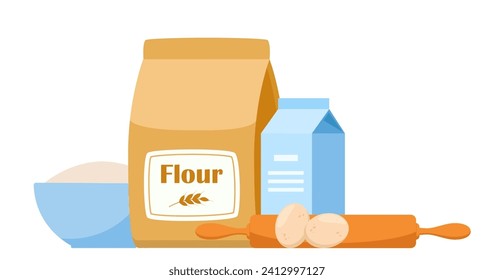 Pastry making equipment and ingredients. Baking tools set. Delicious baking. Vector illustration