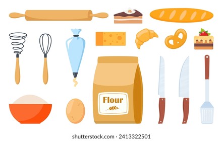 Pastry making equipment and ingredients. Baking tools set. Delicious baking. Vector illustration