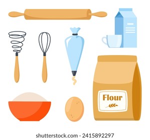 Pastry making equipment and ingredients. Baking tools set. Delicious baking. Vector illustration