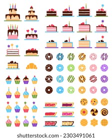 Pastry objects set on white background. Tasty baked healthy elements dessert collection. Flat biscuit cake donut cookie cupcake chocolate pie croissant. Cartoon sweet snack food vector illustration.