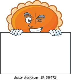 pastry orange pie character mascot with squinting with board