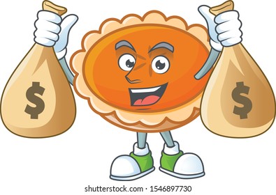 pastry orange pie character mascot with holding money bag