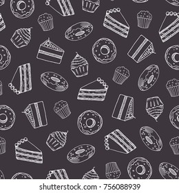 Pastry outline seamless pattern over dark background. Vector illustration