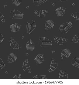 Pastry Pattern. Black and white Vector seamless pattern or background with Cupcakes, Croissants and Cakes