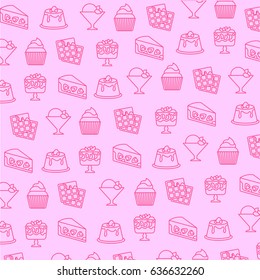 Pastry pattern on the pink background. Desserts outline icons.