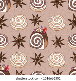 Pastry pattern. Tasty cookies, cinnamon, sugar background. Delicious texture.