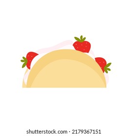 Pastry piece with strawberry and whipped cream. Flat vector illustration isolated on white background