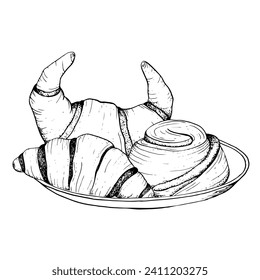 Pastry plate with chocolate French croissants and rolled cinnamon bun vector black and white illustration for snack and breakfast in cafe and bakery