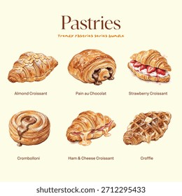 Pastelería Póster Paquete Croissant amp Postre Panadería Ilustraciones Set de 6