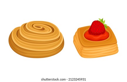 Pastry products for bakery menu assortment set. Sweet buns vector illustration