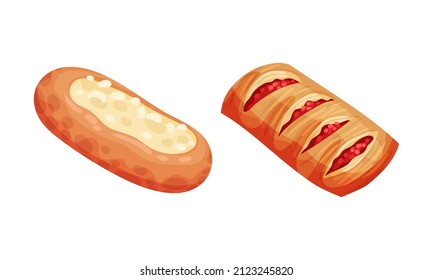 Pastry products for bakery menu set. Buns with cottage cheese and jam, delicious bakery assortment vector illustration