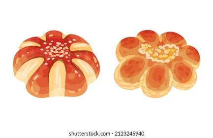 Pastry products for bakery menu set. Sweet buns with sesame seeds, delicious bakery assortment vector illustration