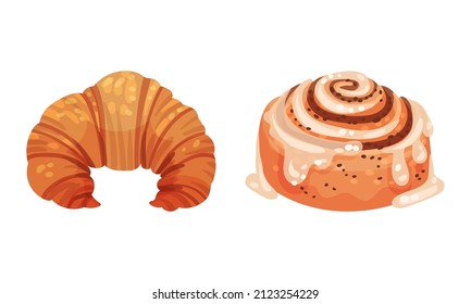 Pastry products for bakery menu set. Croissant, cinnamon roll delicious bakery assortment vector illustration