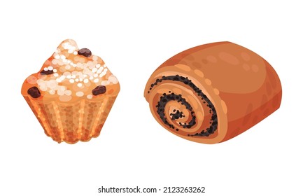 Pastry products for bakery menu set. Raisin cupcake and poppy seed bun, delicious bakery assortment vector illustration