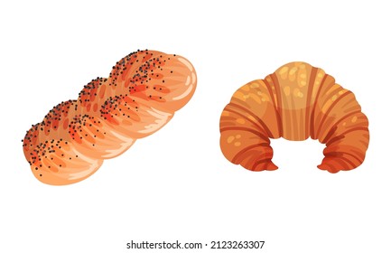 Pastry products for bakery menu set. Croissant and braided bun with poppy seeds, delicious bakery assortment vector illustration