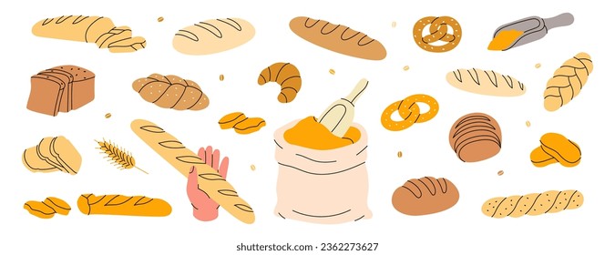 Pastry products. Breads and pastry banner. Whole grain and wheat bread, pretzel, ciabatta, croissant, french baguette for bakery menu design.