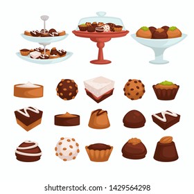 Pastry products cakes and cookies or candies with chocolate or cream vector confectionery food and dessert dish or meal sweets in glaze culinary and cooking bakery with sprinkles and nuts or icing.