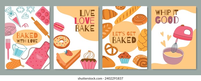 Pastry products cards. Cartoon baked desserts with creme and sweet icing, tasty cakes with strawberry, bread, donuts, croissant, vector set.eps
