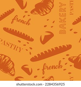 Pastry products and french bakery assortment. Croissant and baguette with fresh ingredients. Pastry and flour based food from shop. Seamless pattern, print or background. Vector in flat style