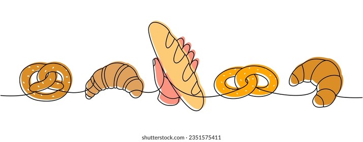 Pastry products one line colored continuous drawing. Wheat bread, pretzel, ciabatta, croissant continuous one line illustration.