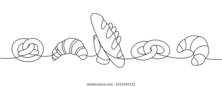 Pastry products one line continuous drawing. Wheat bread, pretzel, ciabatta, croissant continuous one line illustration.