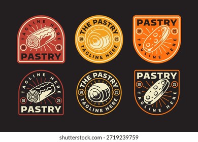 Rolo de pastelaria, Pão espiral, Pão recheado, Amaretti, Biscotti, Panforte retro rústico emblema patch logo design definido para restaurante, cafés, padaria, pastelaria, produtos assados. Ilustração vetorial