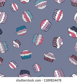 Pastry. Seamless of hand drawn vintage style cupcakes and muffins. Vector illustration. Cupcakes flavors doodle illustration on neutral, white and black.