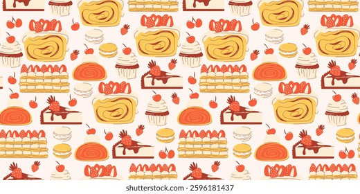 Pastry seamless pattern, baked goods and sweet desserts. Mille feuille, cheesecake, cupcake, macarons, strudel, bread with strawberry. Vector illustration, flat hand drawn style. Isolated background.