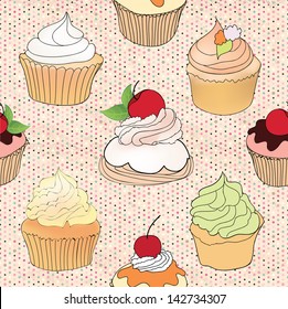 Pastry seamless pattern.  Dessert cake background.