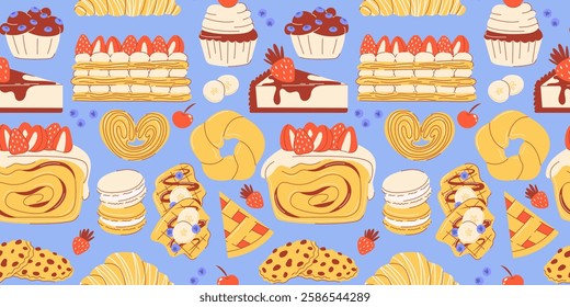 Pastry seamless pattern. Desserts, fresh baked food. Macaron, croissant, mille feuille, palmier and oatmeal cookies, viennese waffles, cheesecake. Flat trendy vector illustration, isolated background