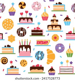 Pastry seamless pattern on white background. Colorful baked sweet food repeat tile flat design. Confectionery cake donut muffin cookie wallpaper. Wrapping paper creative vector illustration.