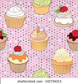 Pastry seamless retro pattern. Muffin illustration in retro style over polka dot seamless background. Sweets vector set. Vintage cupcake background.